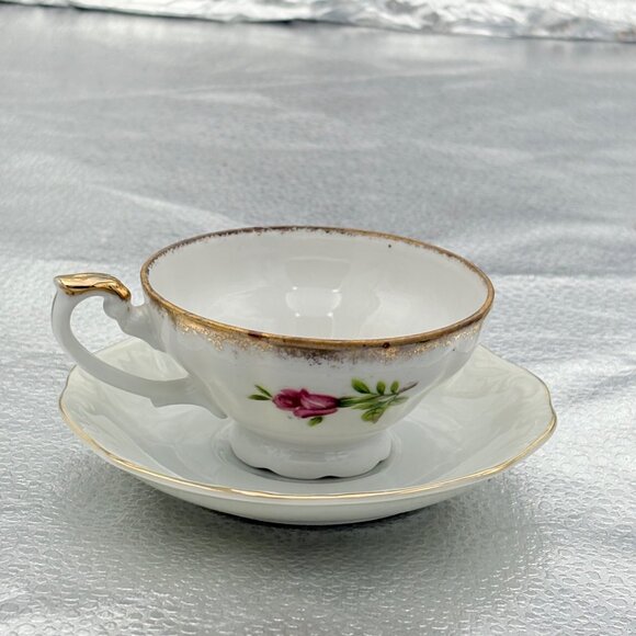 VTG Bone China Teacup‎ Saucer Set Gold Trim Pink Rose Romantic Floral High Tea - Picture 10 of 13